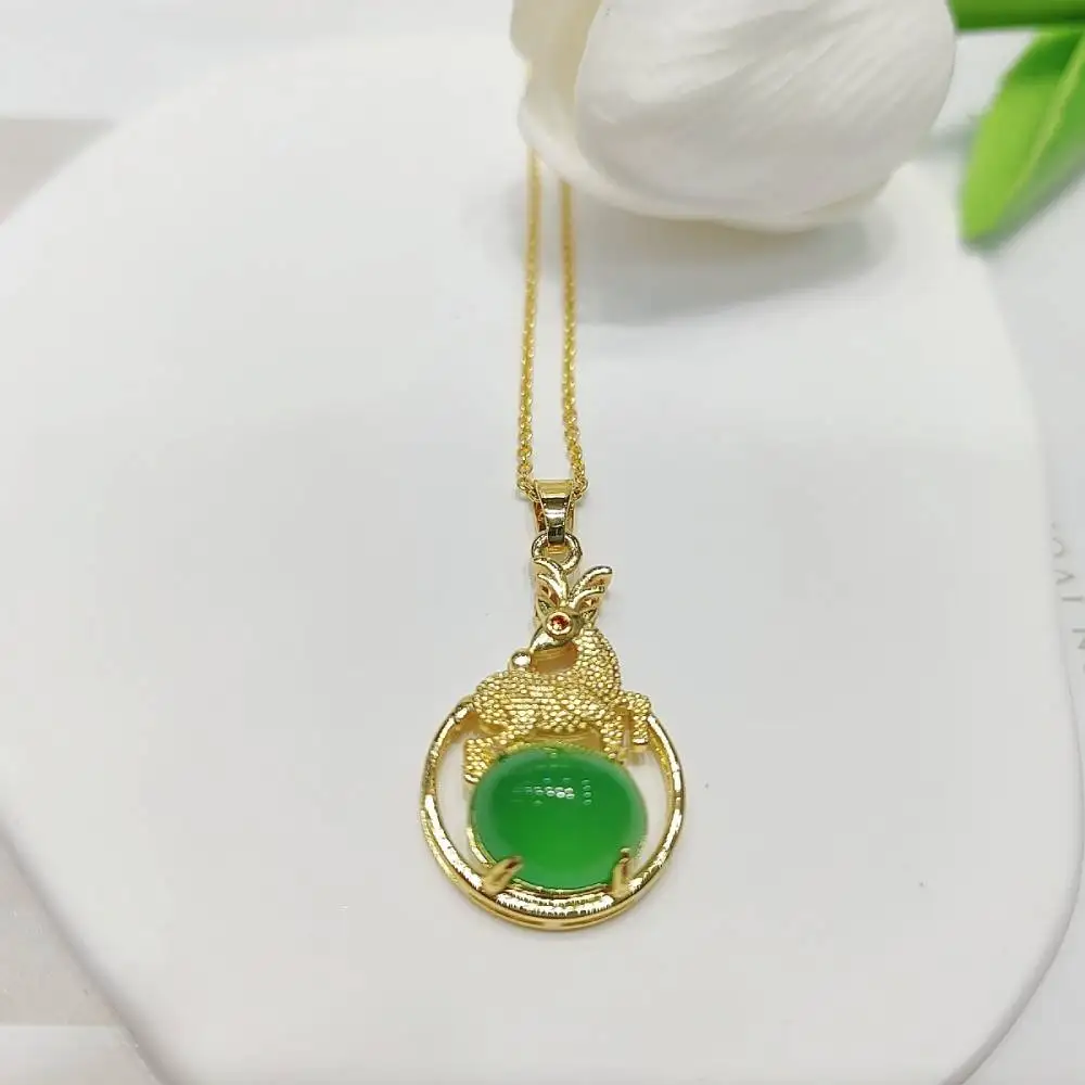 Copper Inlaid Chrysoprase pendants Natural Jade Chalcedony Deer Pendant Necklace Fashion Women Charms Jewellery Gifts