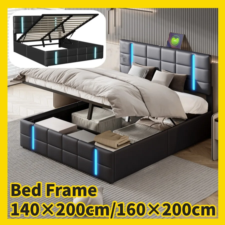 160x200cm/x cm Doppelbett rahmen, hydraulische Betten mit Stauraum, mit Licht-und USB-Anschluss,