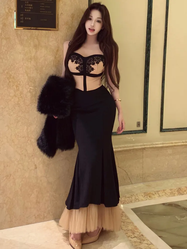 

French style temperament two-piece set women's slim fit camisole vest+high waist hip hugging fish tail long skirt elegant set