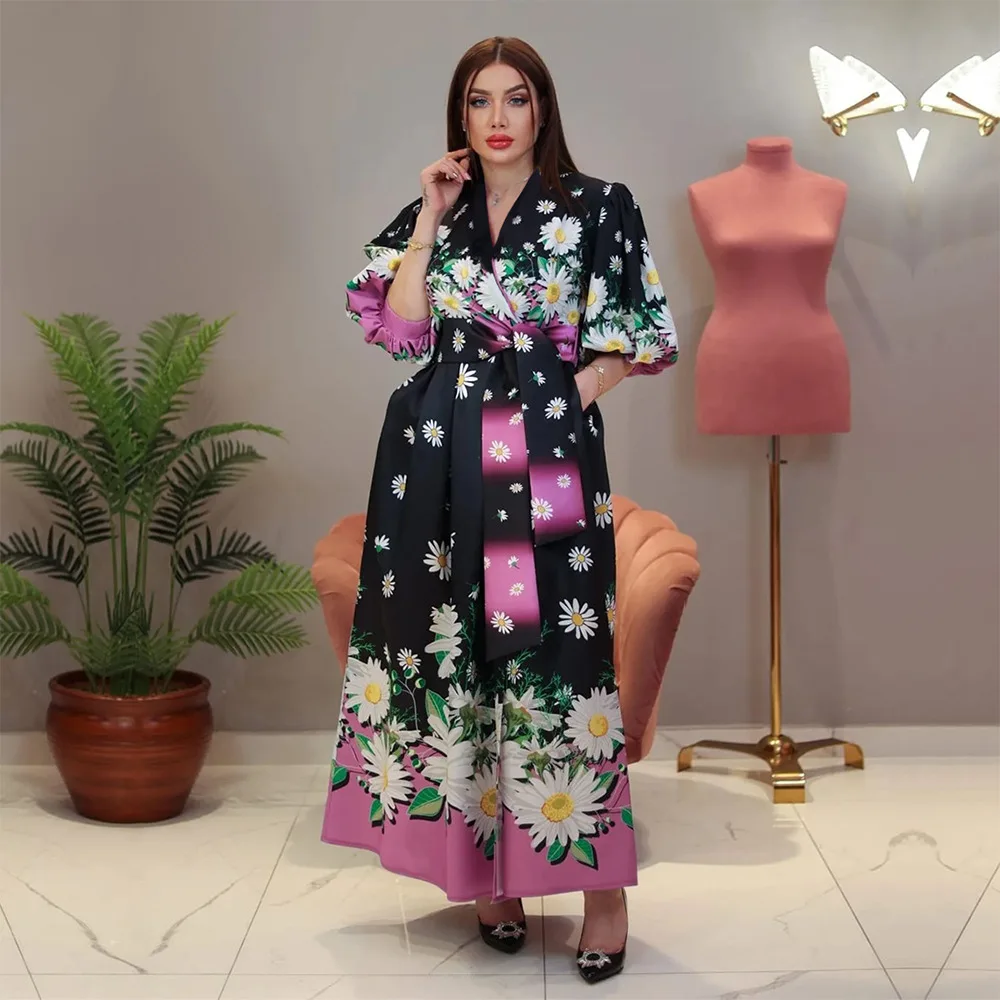 

Dubai Arabia 2024 New Fashion Printed Half Sleeve Robe Dress Summer Muslim Middle East Party Gown for Women Indonesia Long Dress