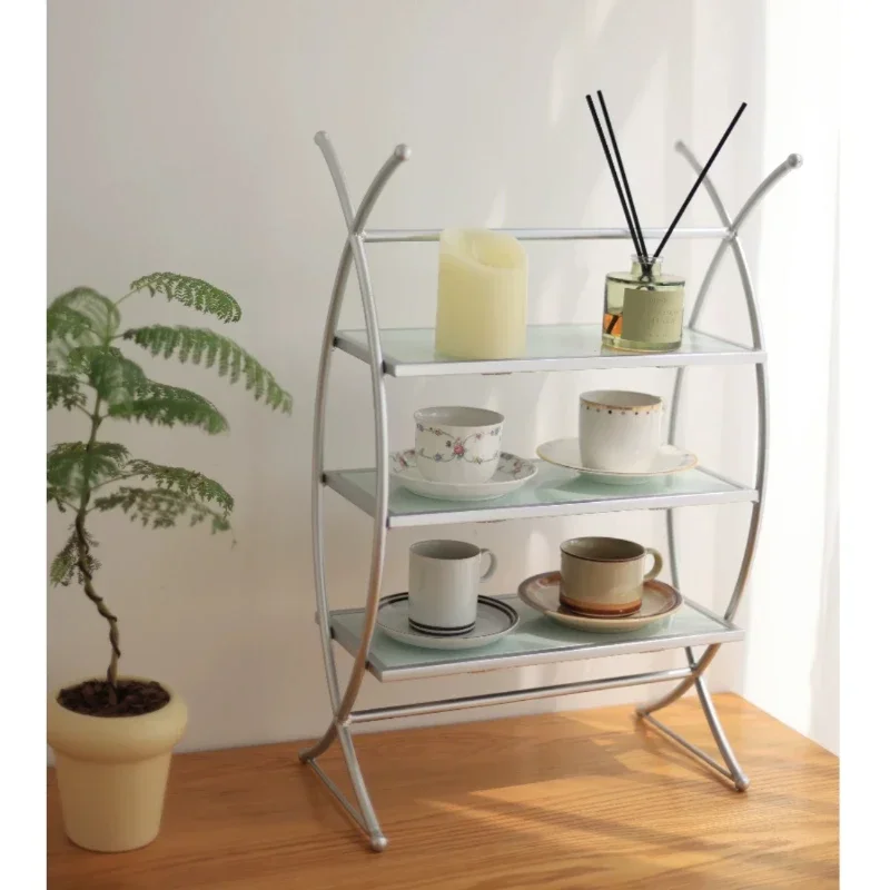 Silver Metal Desktop Shelf Glass Partition Cup Storage Cosmetic Display Rack Retro Style CD Racks Living Room Furniture CD Rack