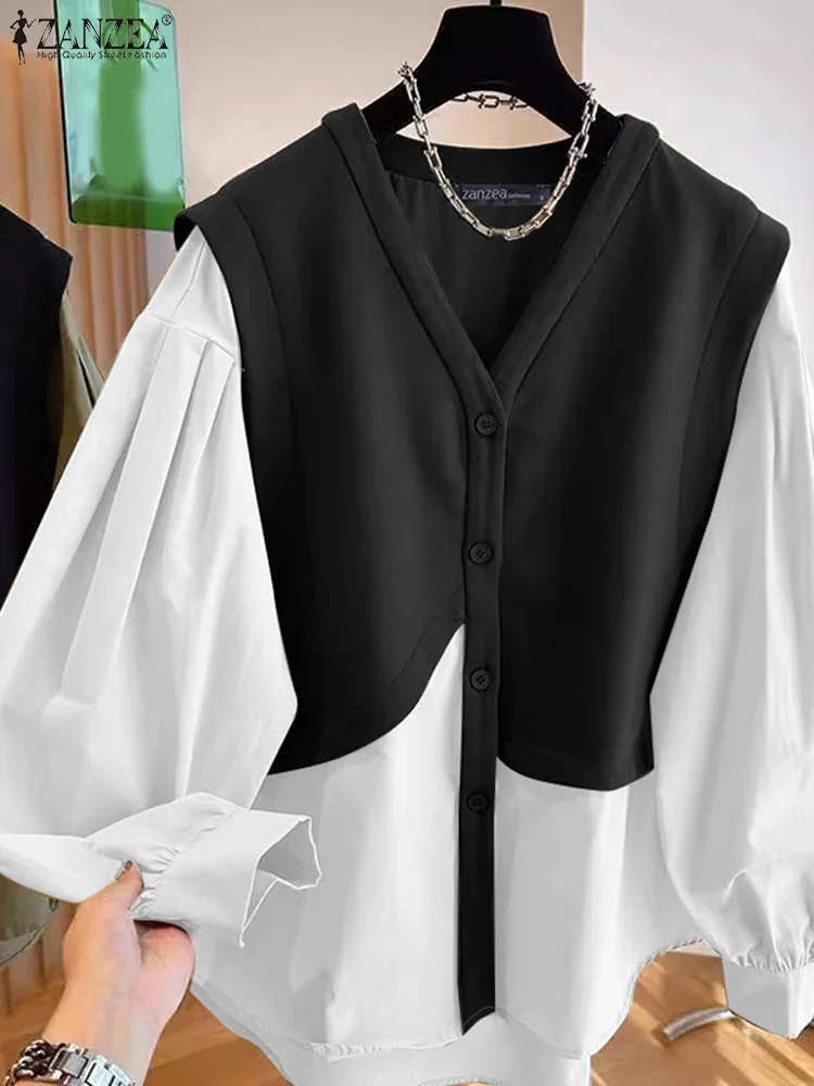 

ZANZEA 2025 Fashion Autumn Long Sleeve Tops Women Patchwork Blouse Korean V-neck Fake 2PCS Tunics Casual Loose Pleating Blusas