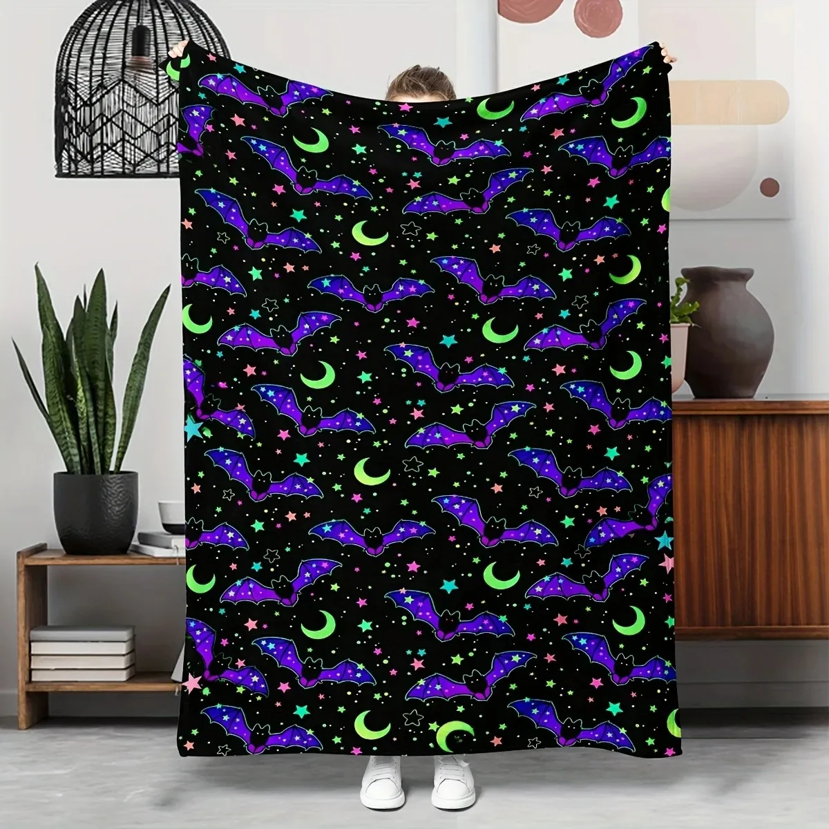 

Фланелевое одеяло с изображением летучих мышей, звезд и луны на Хэллоуин, для дивана, кровати, офиса, сна, отдыха на природе, путешествий, кемпинга, очень большое, мягкое, комфортное, в подарок