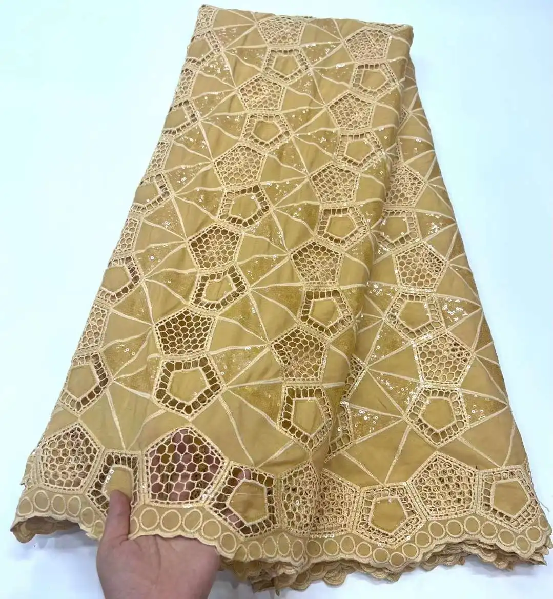 

Gold 2023 High Quality African Nigerian Sequins Lace Fabrics Embroidery Party French Cotton 5yards Lace Fabric For Dress Sewing