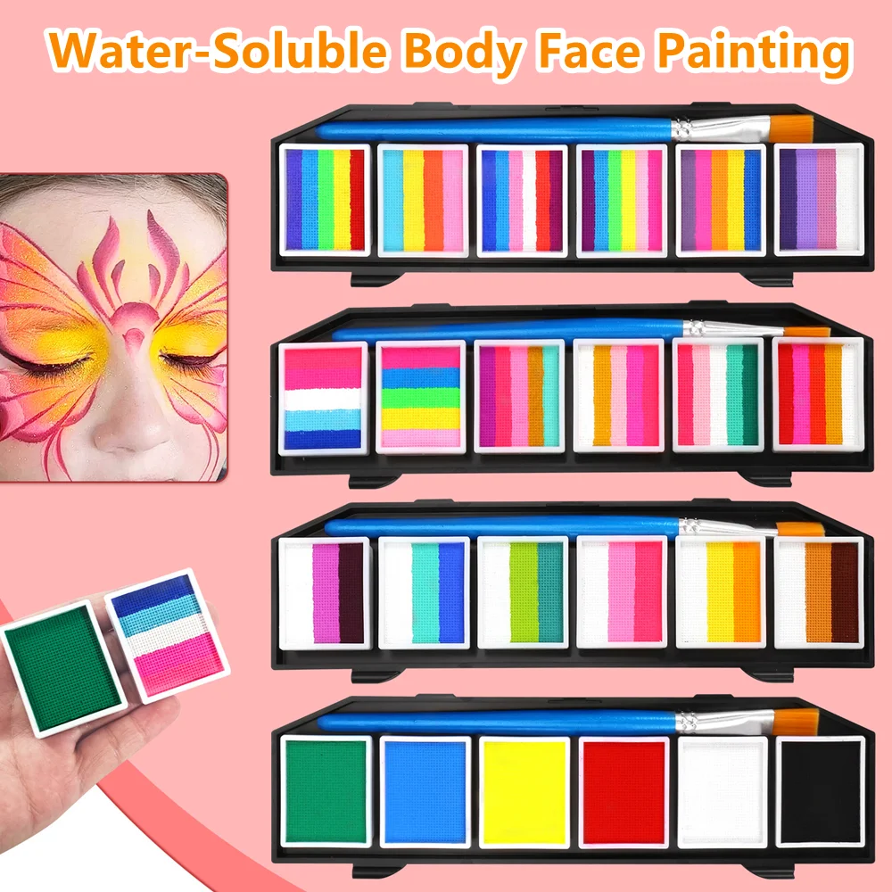Body Face Painting Water-Soluble Rainbow Makeup Palette with Brush for Children Adult Halloween Carnival Cosplay Art Party