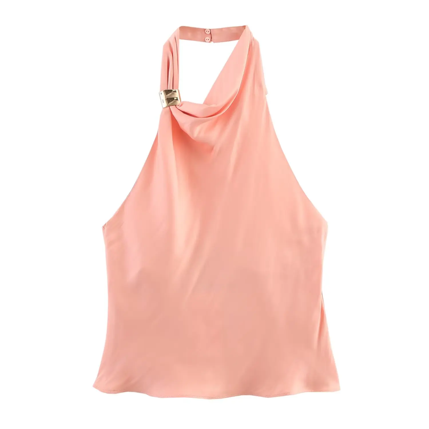 TRAFZA Women's Elegant Golden Inlay Decorate Satin Texture Sleeveless Hanging Neck Collar Top+Midi Back Zipper Slit Skirt Suit