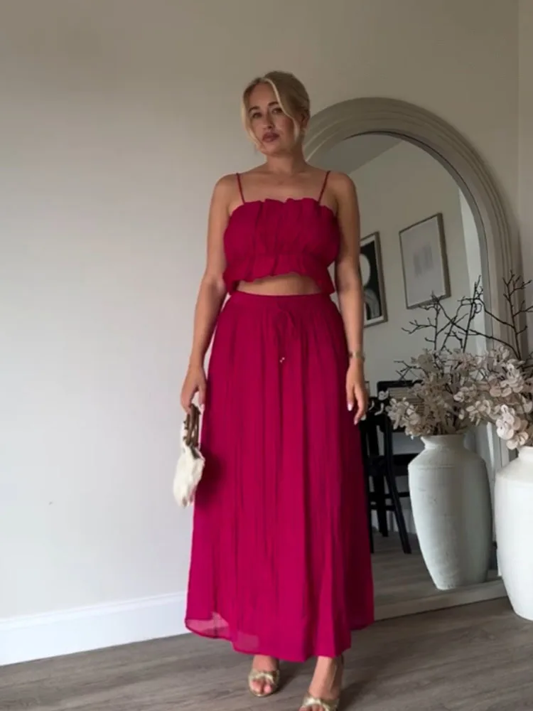 

HH женский летний модный плиссированный декор с открытой спиной и без рукавов, короткий топ + юбка-миди на шнуровке с бантом и эластичной резинкой на талии