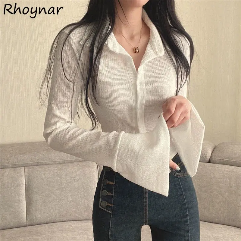 Flare Sleeve Shirts Women Pure Crop Tops Minimalist Slim Temper Sexy European All-match Personal Chic Trendy Футболка Женский