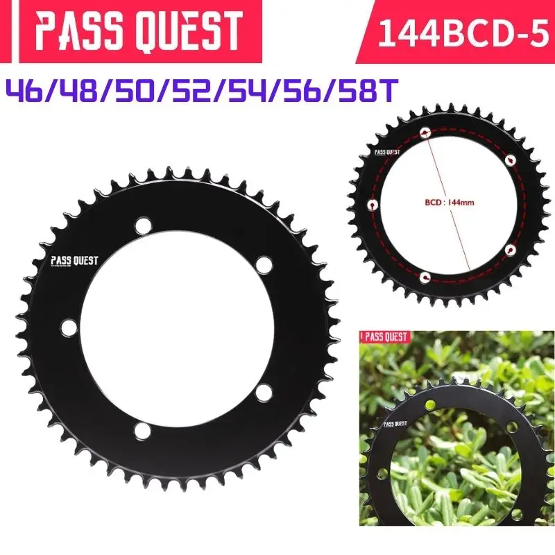 

PASS QUEST 144BCD 5 Hole Fixed Gear Round Chain Ring Track Bike Chainwheel 46-58T Positive Negative Tooth Crankset Cycling Parts