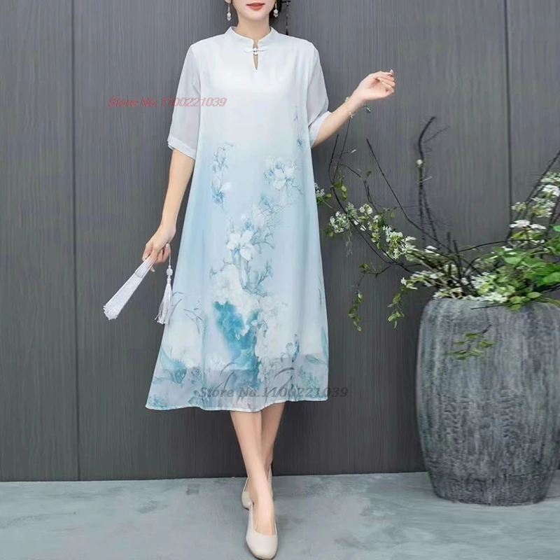 

2024 chinese vintage dress improved cheongsam national flower print traditional folk dress oriental elegant chiffon dress qipao