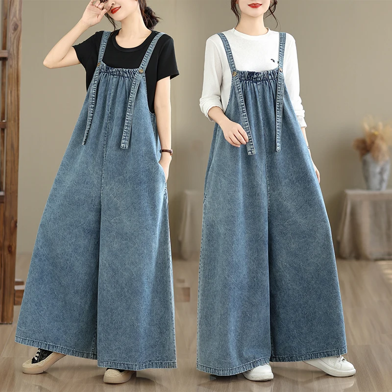 Spring Summer Autumn Long One-Piece Overalls Loose Casual Denim Wide Leg Pants plus Size Fashion Ladies Cotton Polyester Blend