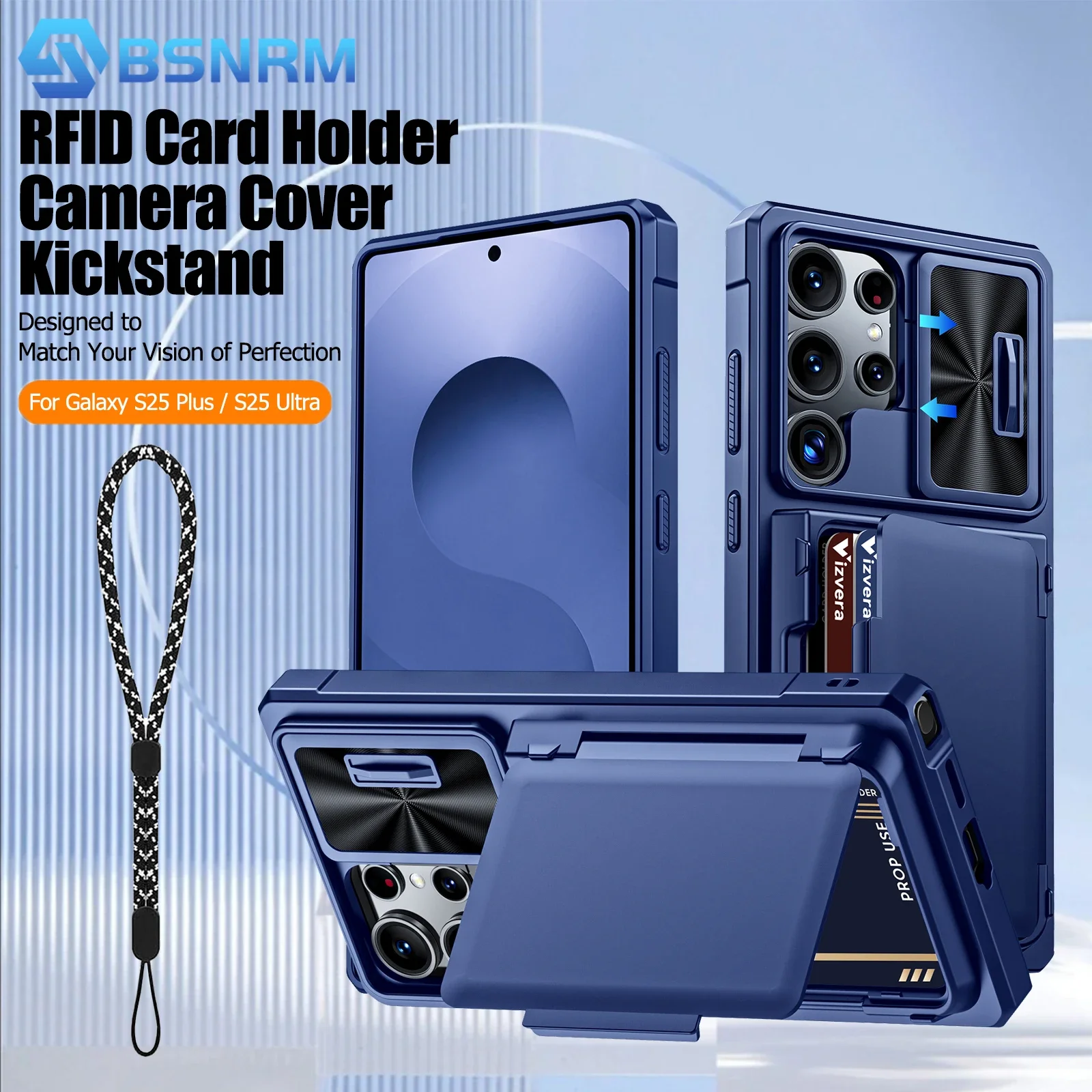 

for Galaxy S25 Ultra Protective Phone Case，Wallet RFID Cards Holder，Camera Cover，Full Body Rugged Shockproof Silicone-Blue