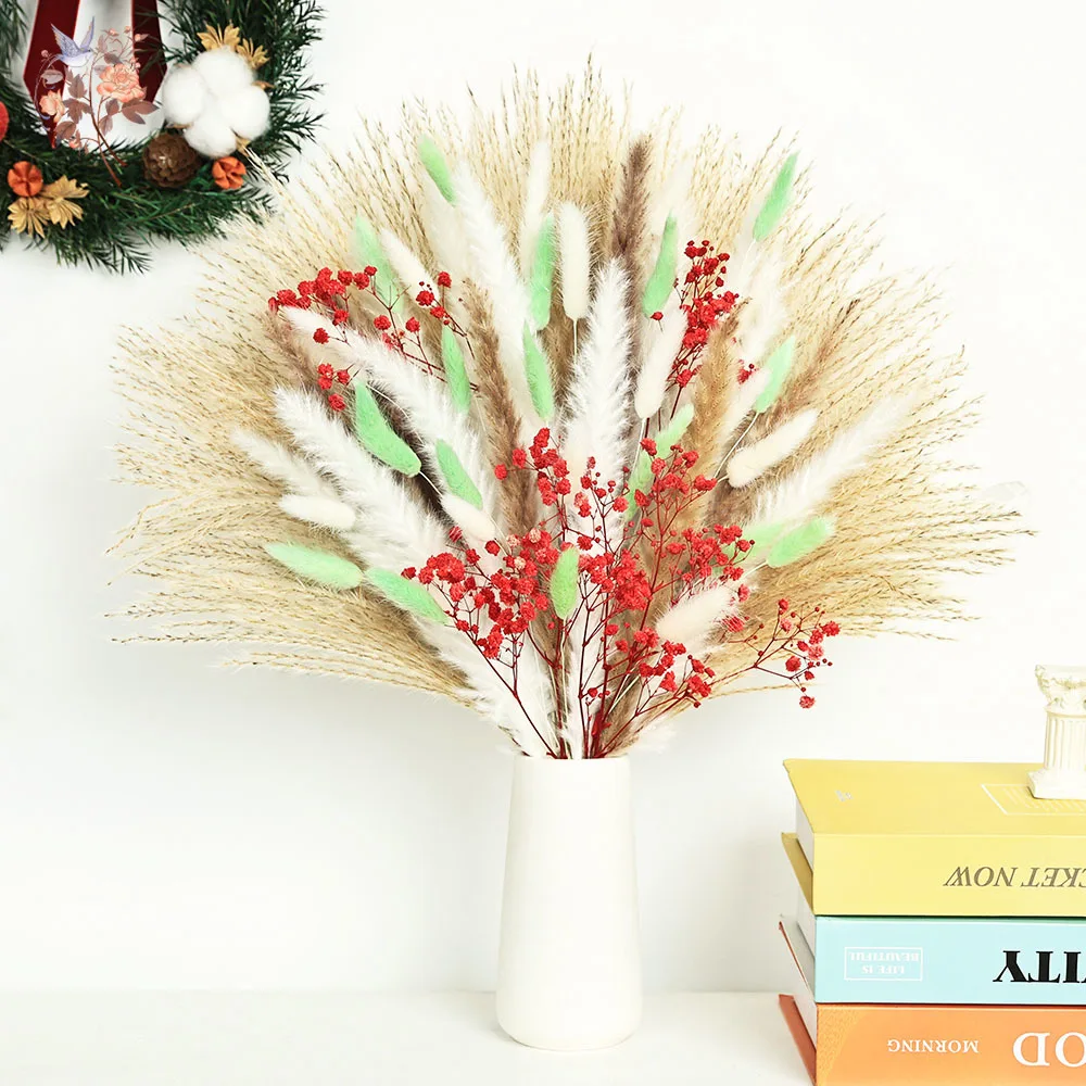 

70 Stems Fluffy Green Red Pampas Grass Bundles Dried Flowers for Christmas Decorations Home Floral Arrangement Table Centerpiece
