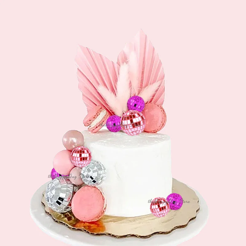 Heißrosa Spiegelkugel-Kuchendekoration Disco-Kugeln Kuchenaufsätze Rosa Silberne Spiegelkugel 80er Disco Geburtstag Hochzeit Kuchendeko – Detail 4