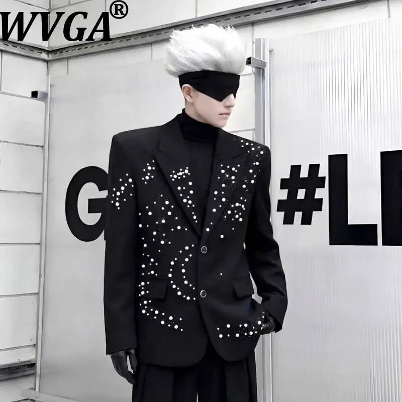 WVGA Spring Autumn New Men Light Luxury Personalized Pearl Stylish Blazer Niche Chic Casual Straight Pants Two Pieces Set W26016