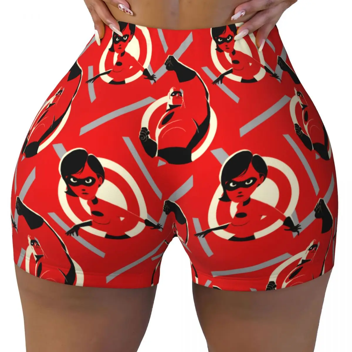 

Женские спортивные шорты для фитнеса и йоги с принтом «Мультфильм Суперсемейка» (волейбол, байкеры)