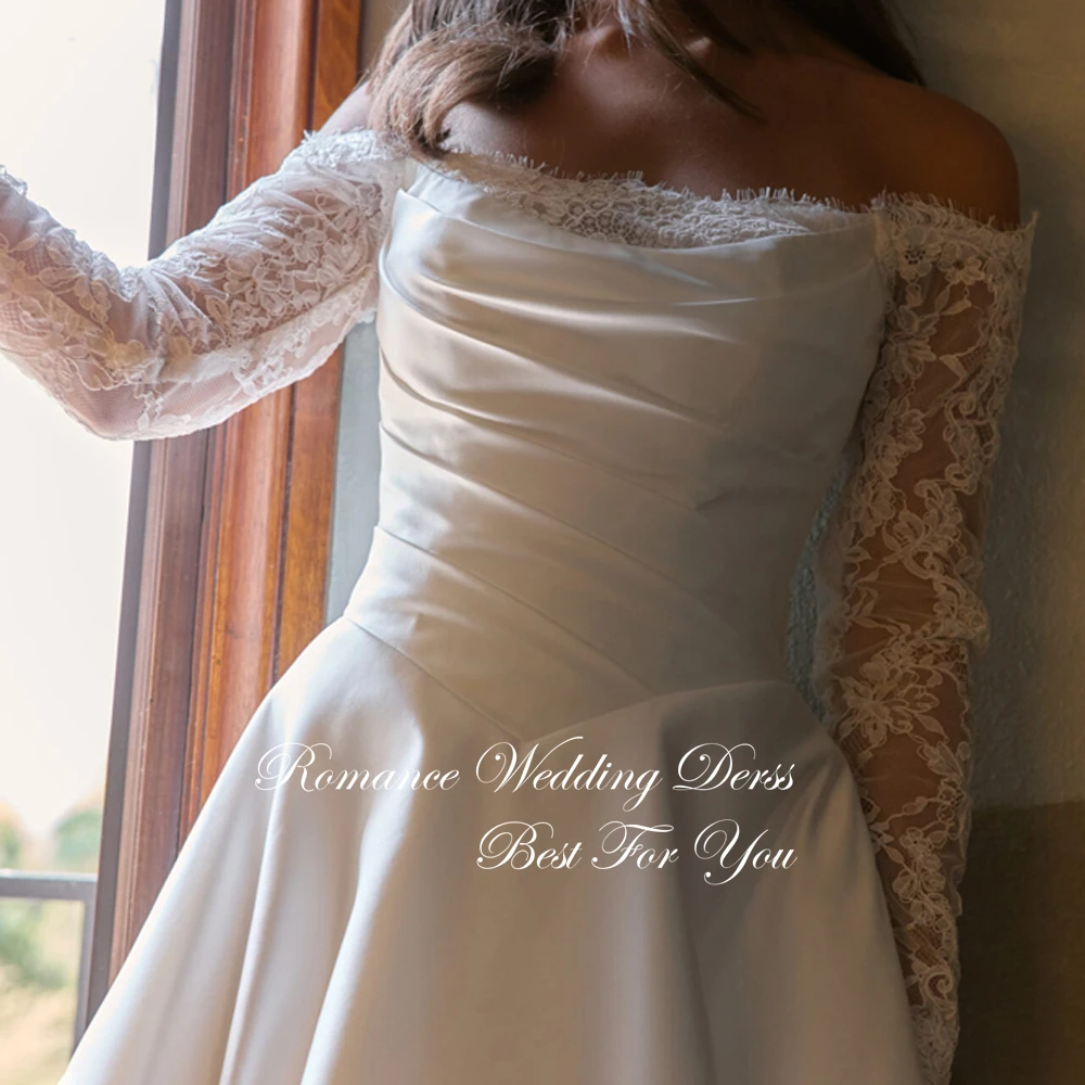 Elegant Lace A-Line Wedding Dresses Long Sleeves Strapless Pleat Open Back Satin Off The Shoulder Vestidos De Novia Customized