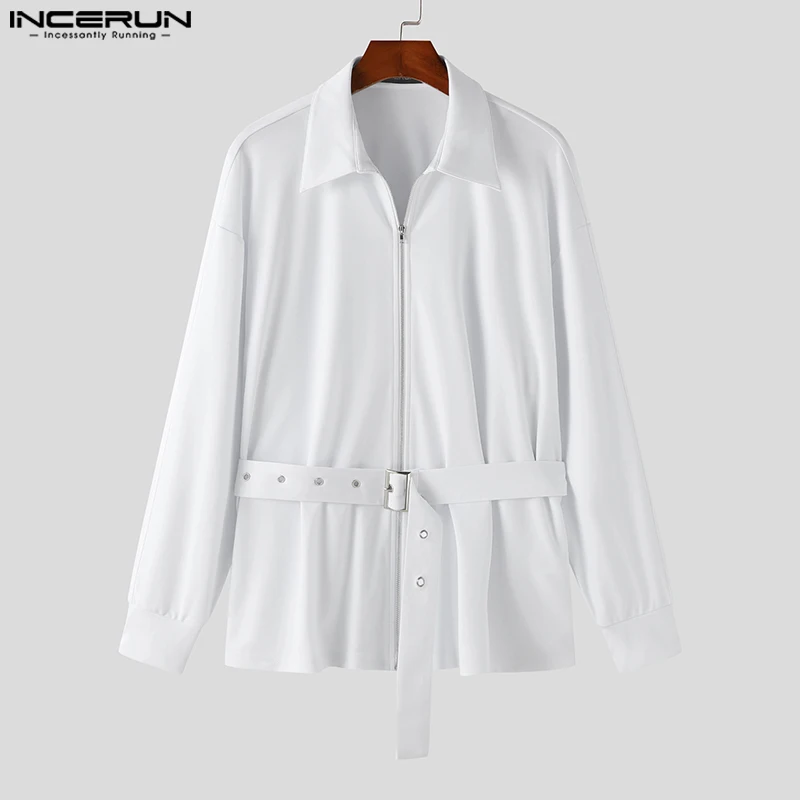 2024 Men Jackets Solid Color Lapel Long Sleeve Zipper Coats With Belt Streetwear Korean Fashion Casual Men Jackets S-5XL INCERUN