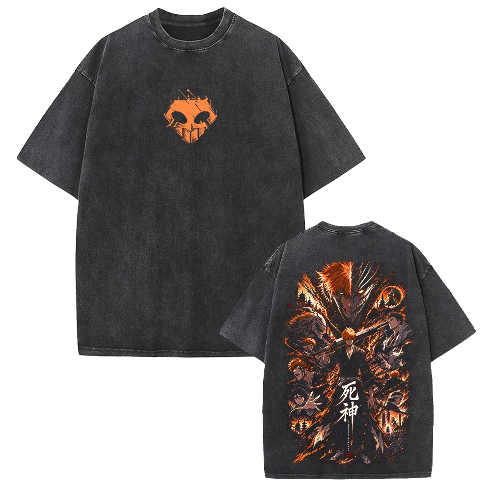 Kurosaki Ichigo Bleach Anime Printed T Shirt Vintage Washed Oversized T-shirt Men Women Clothing Harajuku Casual Cotton Tee Tops