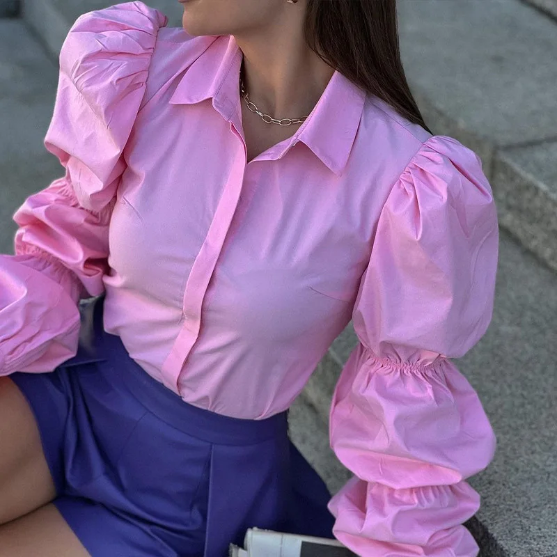 2023 Fashion Lantern Long Sleeve Shirt Tops Women Lapel Single-breasted Loose Shirt Chic Spring Office Lady Solid Color Blouse