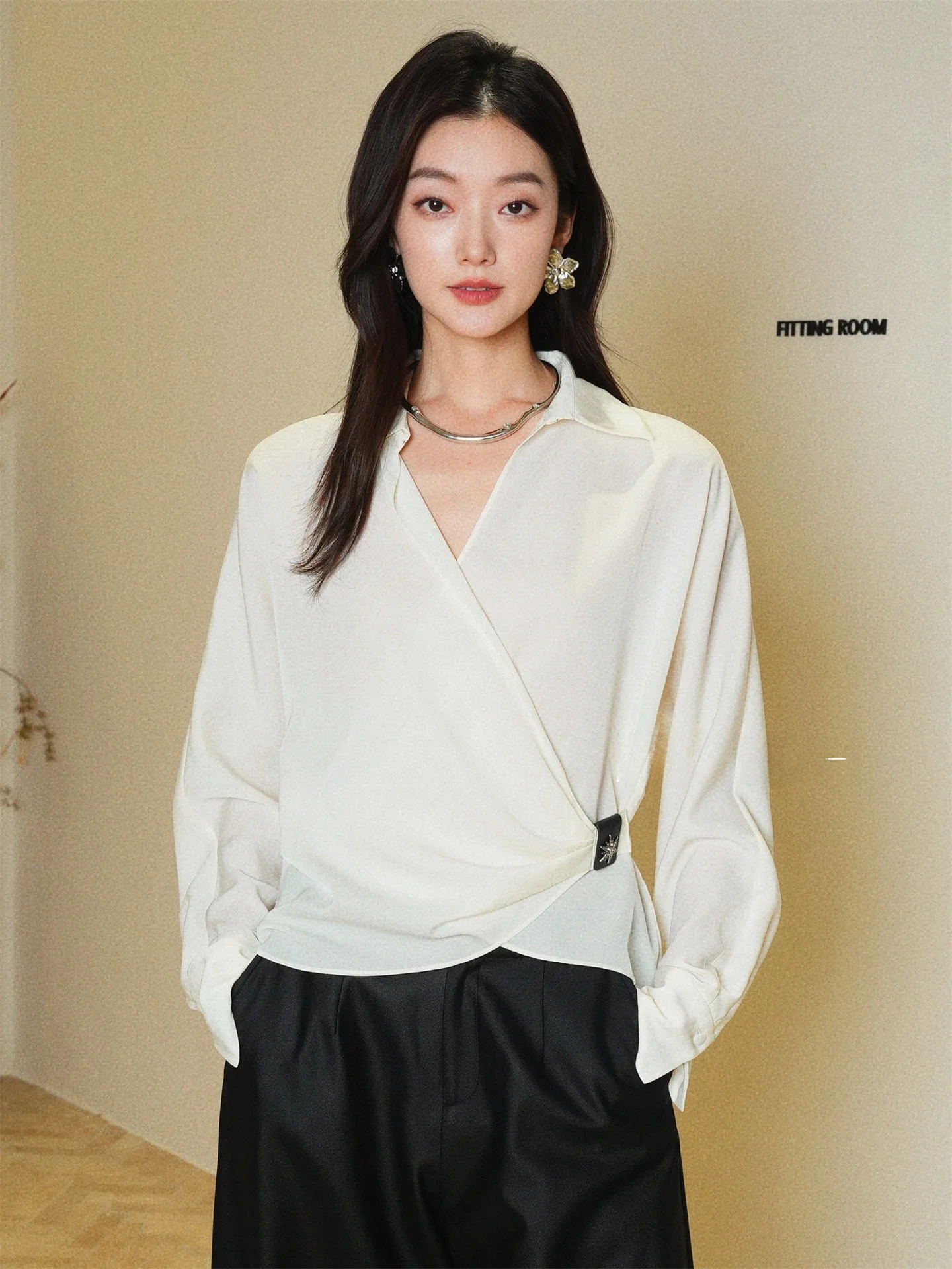 

Moss Yea Tee-acetate Wool Wrap-sle Button V-ne Batwing Sve irt Women's Loose Fit Retro Sle Thin Long Sl...