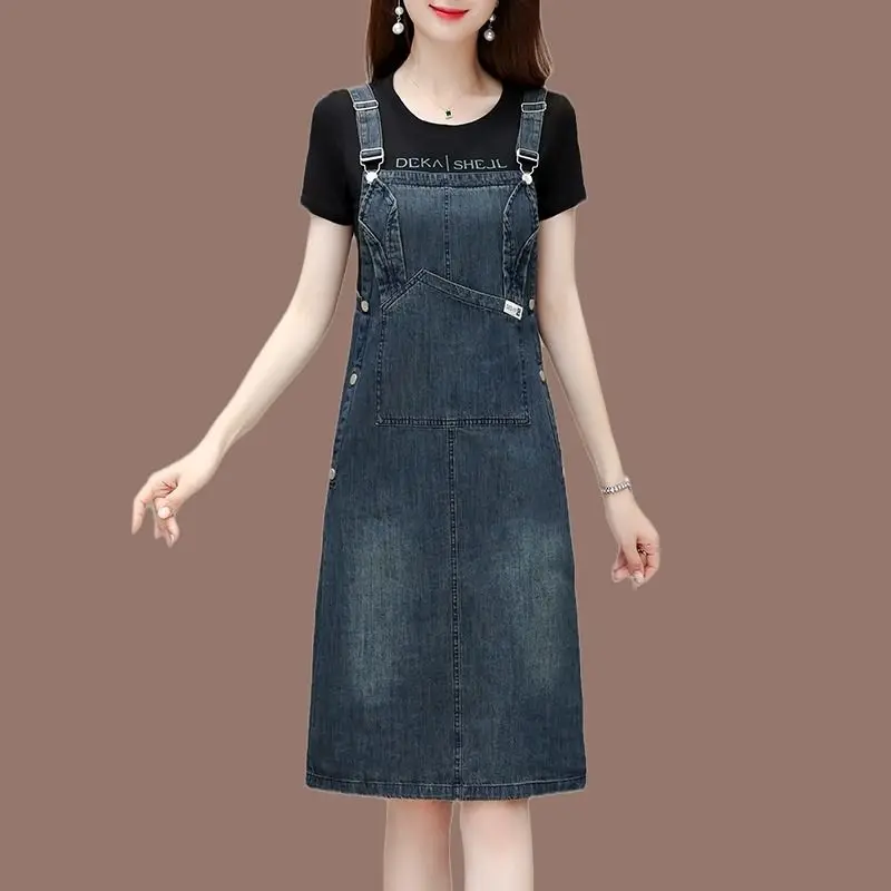 

Women Spaghetti Strap Jean Dresses Women Casual Denim Sundresses Korean Fashion With Pocket Overalls Dress Vestidos Mujer