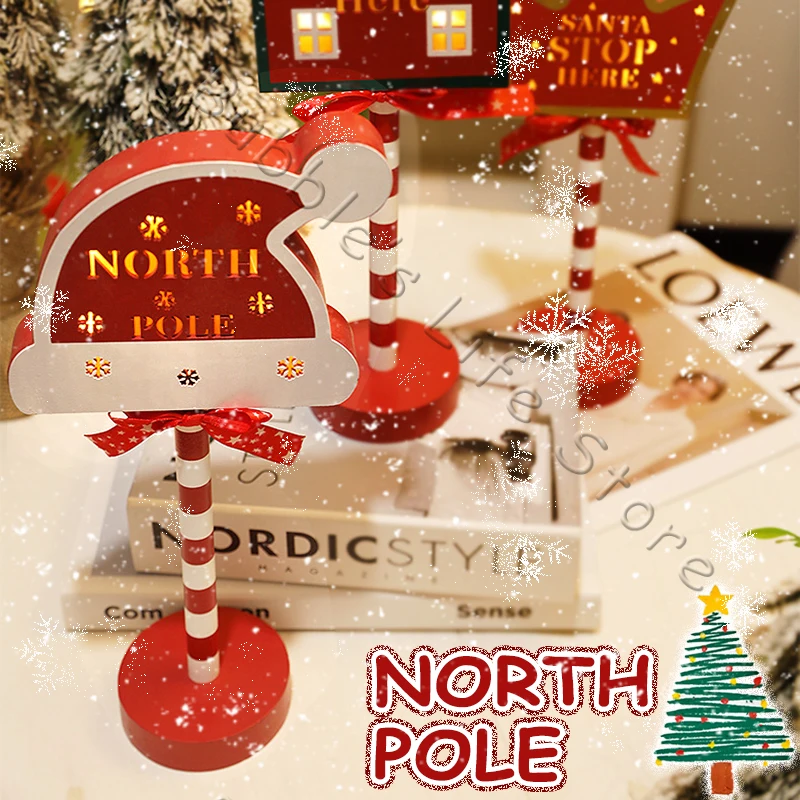 2024 Christmas Retro Lamp Santa Decoration Led Warm Light Stop Here Street Sign North Pole Wooden Bedside Lamp Xmas Home Decor