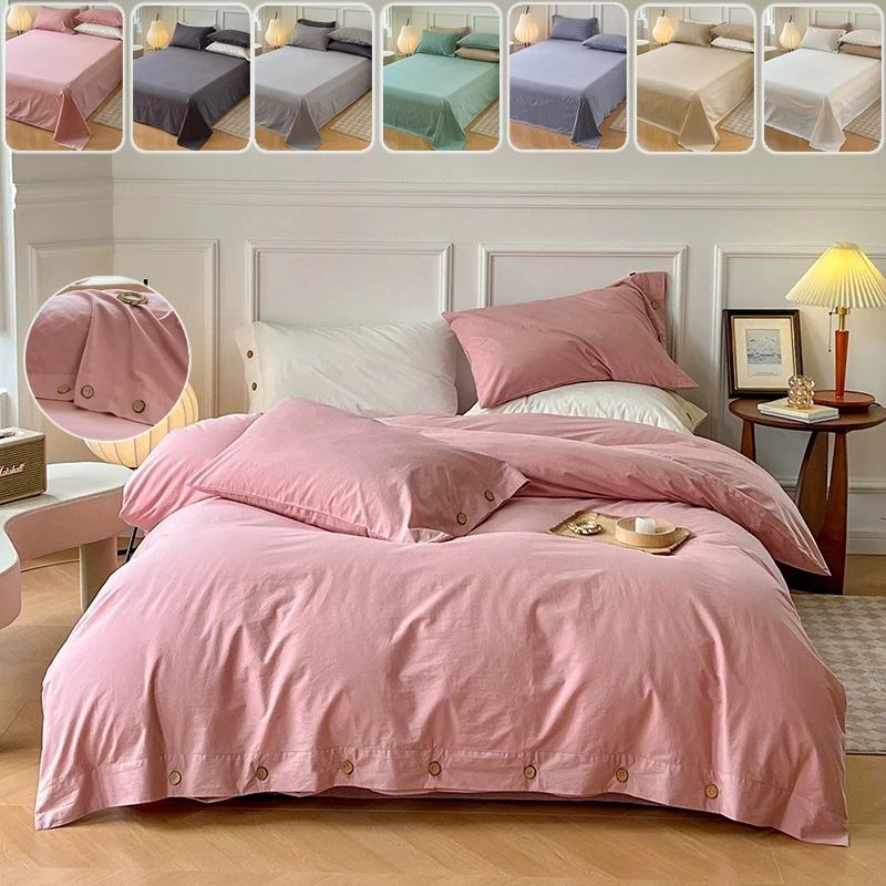 

2-side Solid Color Bedding Set with Sheet Duvet Cover Pillowcase Button Design Luxury Soft Bedding Product for Single Double Bed