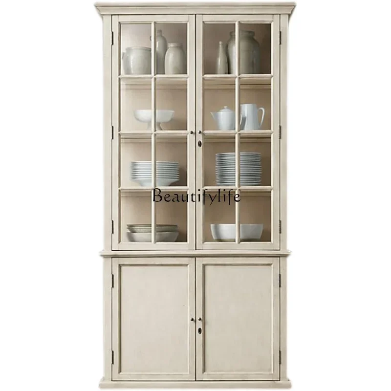 

1z.American solid wood double-door dining side cabinet villa model room storage living room glass door display cabinet