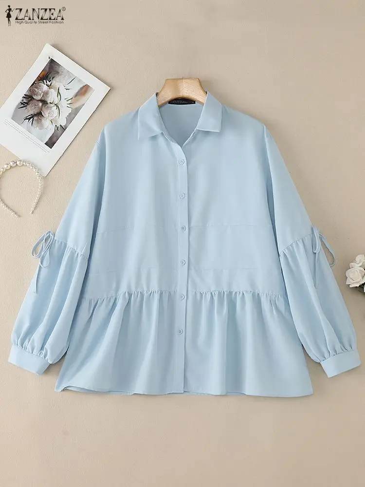 2025 ZANZEA otoño camisa de oficina blusa de mujer elegante cuello de solapa Tops de manga larga Casual con cordones Chemise sólido botón abajo Blusas