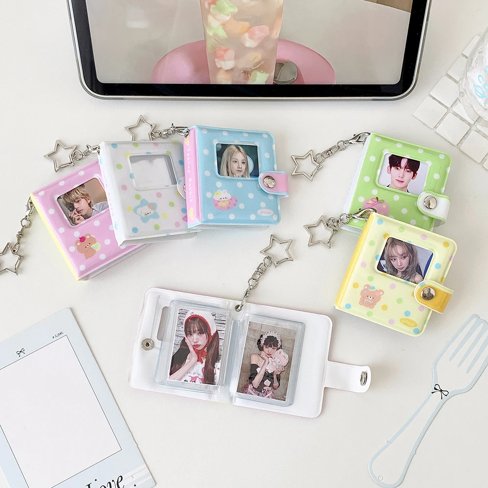 Kpop Cute Cartoon Polka Dot Bear 2-Inch Photo Card Holder Fashion Girl Backpack Pendant Decoration Keychain Storage Mini Album