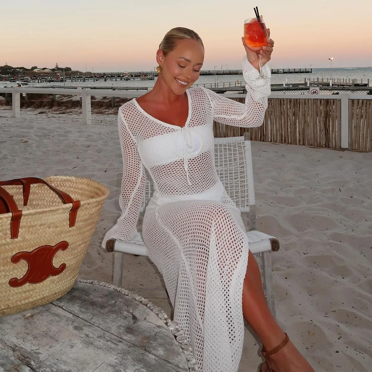 Prowow Sexy Crochet Knitted Women\'s Cover-ups Hem Slit Solid Color Female Beach Maxi Dress Hollow Out Holiday Beach Wear