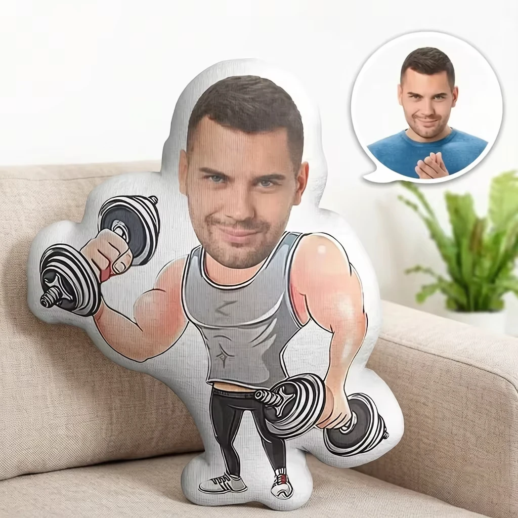 Custom Face Pillow Single Side Print Upload Your Own Photo Irregular Fitness Dumbbell Figure Plush Cushion Gift For Gym Lover Bo