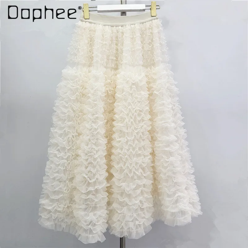 

Милая многослойная кружевная сетчатая юбка с рюшами, новинка весны 2026, корейский нежный сказочный стиль, тонкие пышные юбки трапециевидной формы с эластичной резинкой на талии