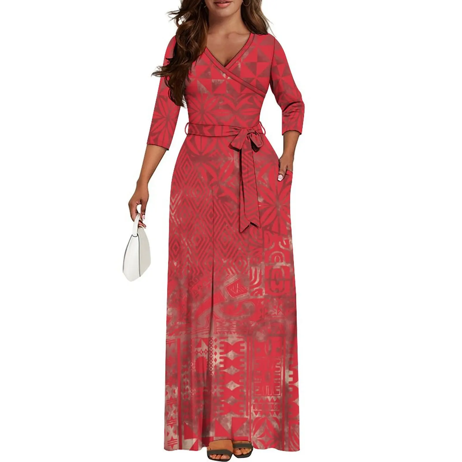 Samoa Island Club Women'S Custom Autumn New Design Long Sleeve Dress Elegant Skirt Temperament V-Neck Waist Strap Design