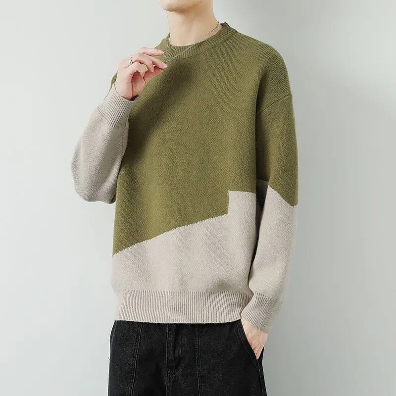 

Men's Knitted Sweater Contrast Color Round Neck Loose Top Teenager Autumn Winter Fashion Korean Style Casual Pullover D189