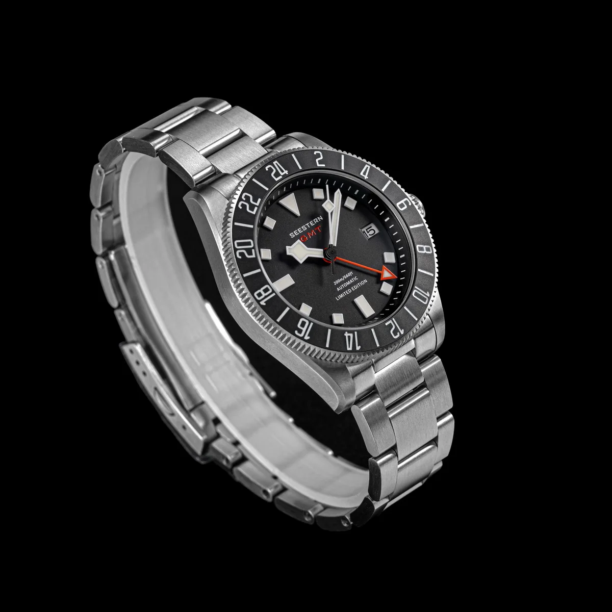 Seestern S434 Automatico Argento Nero Oro Data Maglia Zaffiro Orologio Uomo