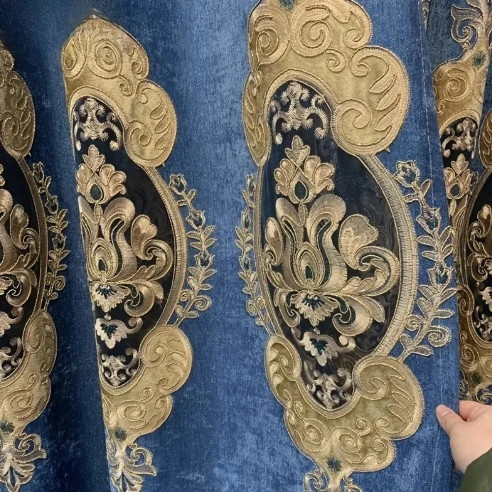 European Thickened Blue Chenille Hollow Embroidery Curtains for Living Room Bedroom Dining Decor Retro Luxury Custom Size Tulle