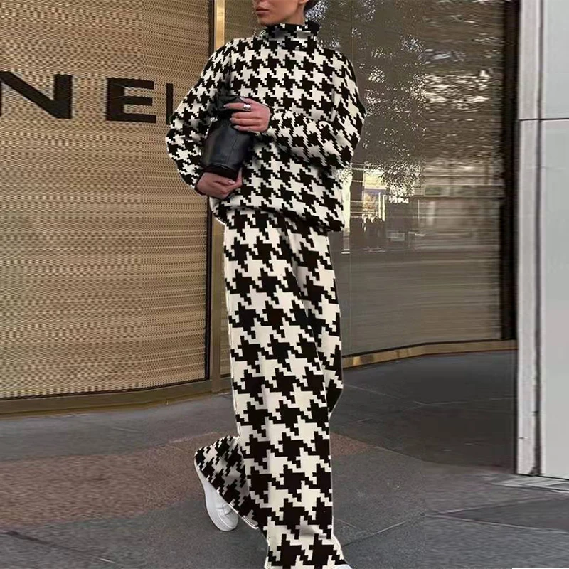 Women Turtleneck Long Sleeve Top and Straight Pants Outfit Fashion Office Loose Suit 2023 Fall Retro Pattern Print Two Piece Set