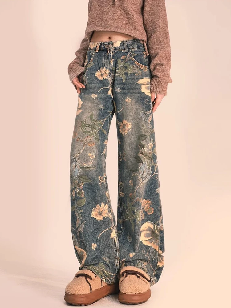 HOUZHOU Y2K Floral Printed Jeans for Women Harajuku High Waisted Denim Pants Female Retro Loose Casual Streetwear Trousers