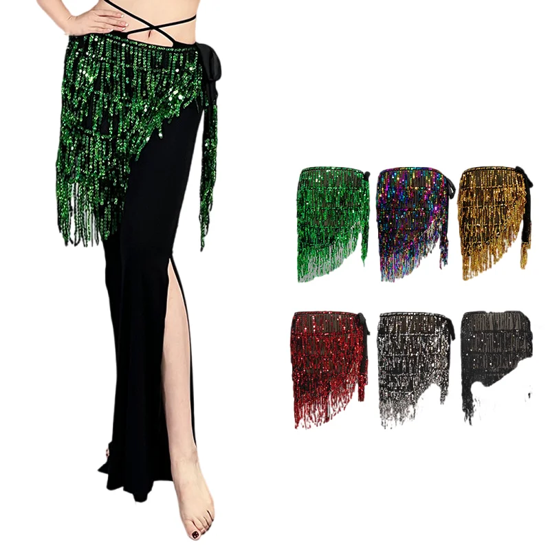 Belly Dance Hip Scarf Sequin Tassel Skirt Wrap Belt Sparkly Rave Costume for Women Girl Fringe Oriental Arabic Bollywood Outfit