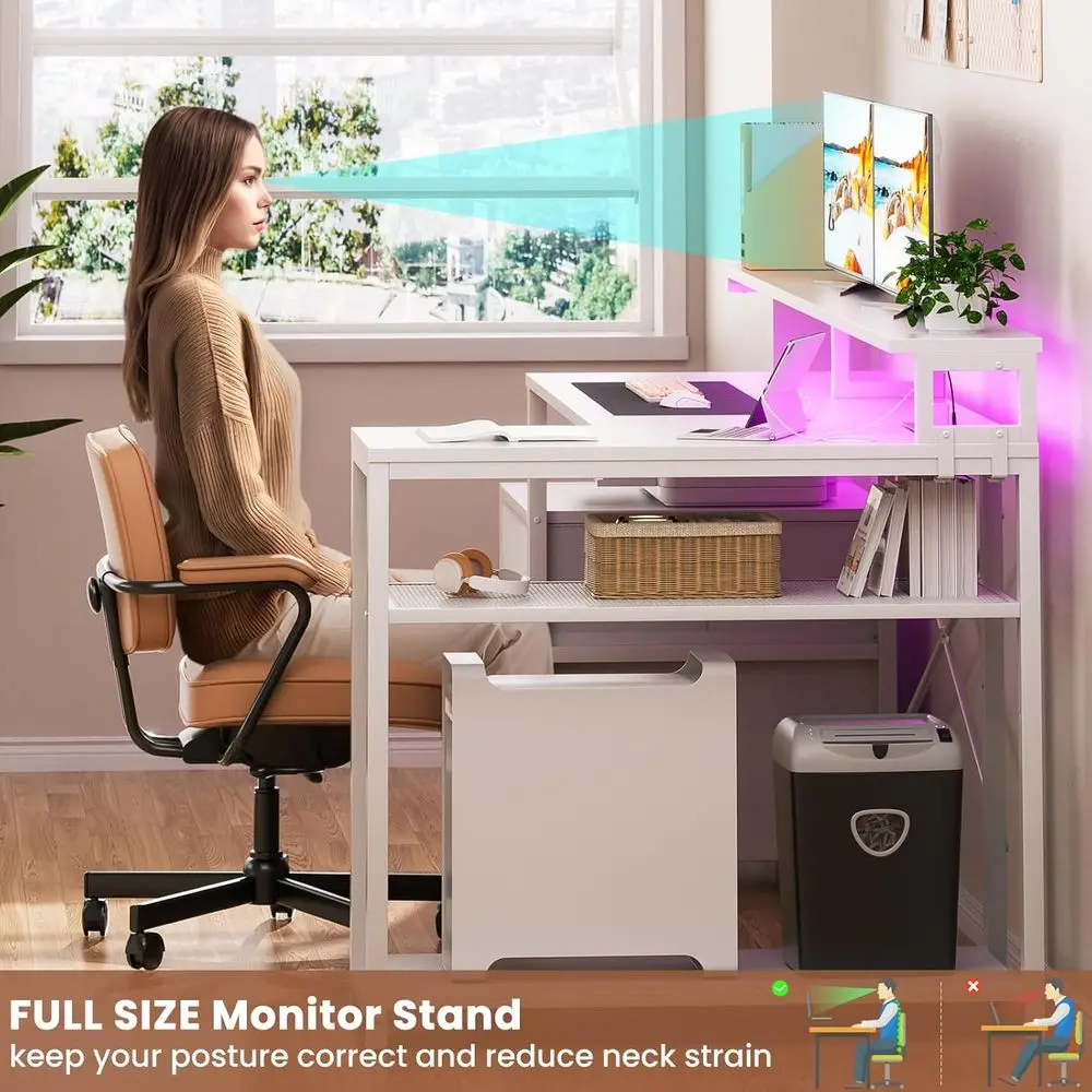 White Corner L-Shaped Desk with File Drawer, Monitor Shelf, Storage, Power Outlet, and LED Strip for Home Office and Gaming
