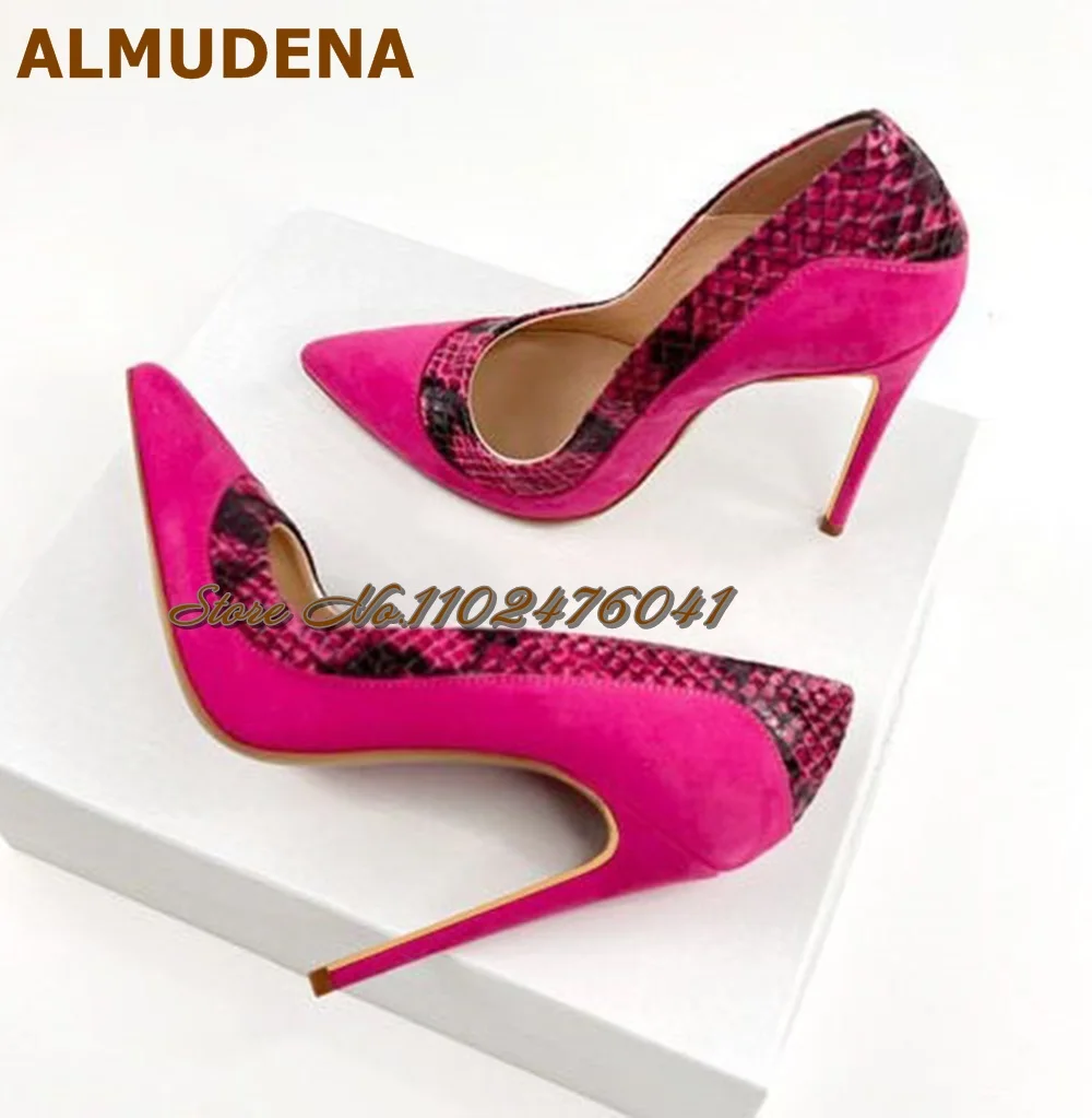 ALUMUDENA Pink Suede Snakeskin Patchwork Wedding Shoes 12cm 10cm 8cm Thin High Heel Pointed Banquet Pumps Slip-On Python Shallow