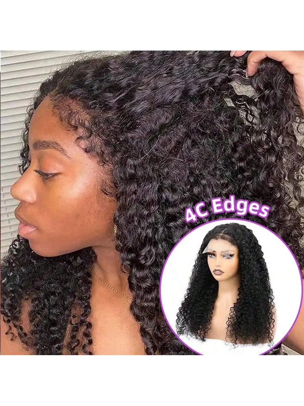 

4C Edges Jerry Curly Lace Front Wigs Human Hair 4x4 Lace Frontal Wigs with Curly Edges Baby Hair, Kinky Curl Wig 180% Density