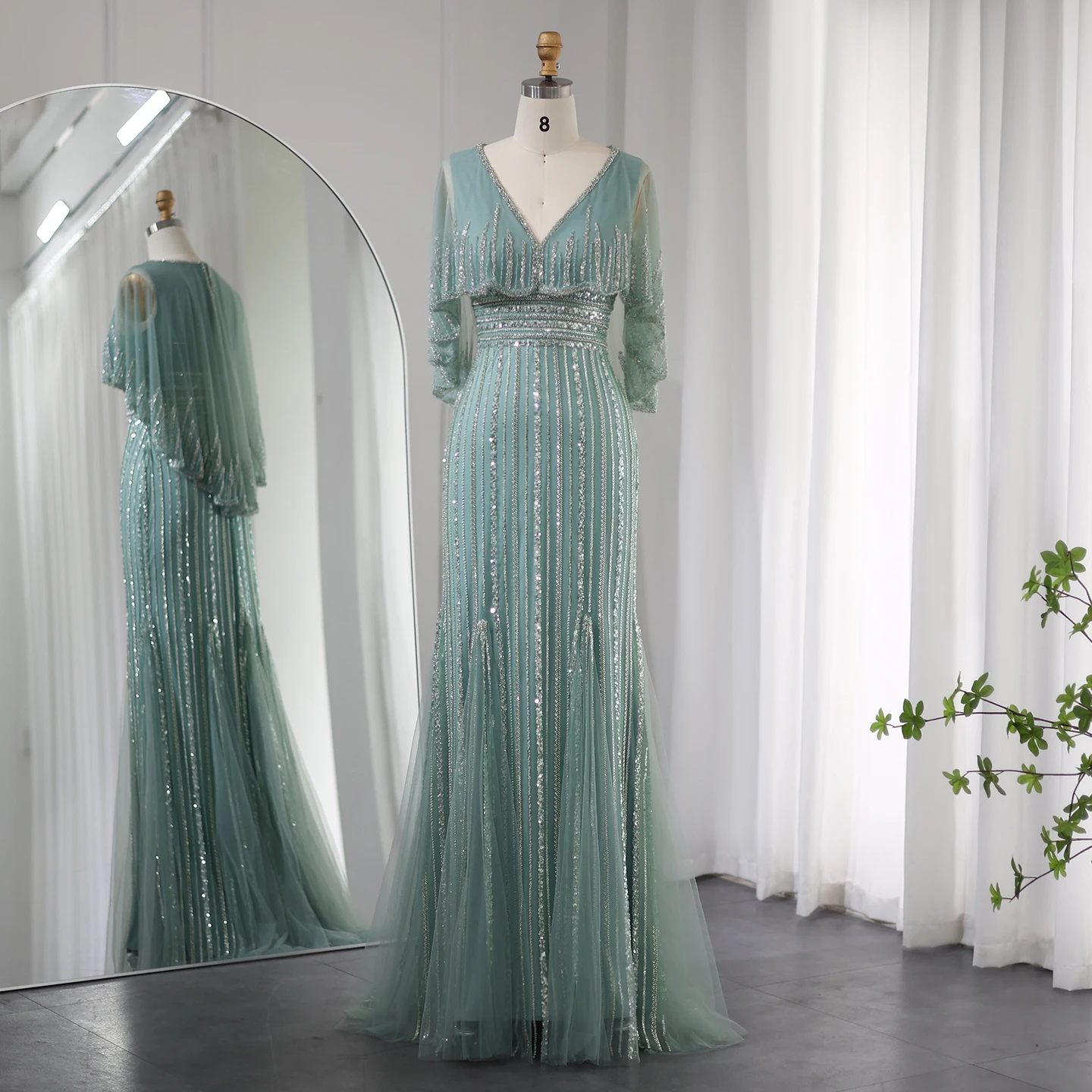 Sharon Said Dubai Luxuriöse Salbeigrüne Meerjungfrauen-Abendkleider mit Cape, V-Ausschnitt, Arabisch, für Hochzeitsfeier, SS284, Maßanfertigung – Detail 5