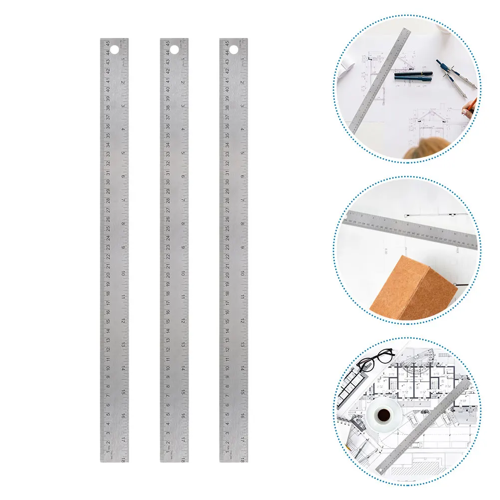 3 Pcs Student Ruler Cork Office Backed Stainless Steel Straight Multi-functional