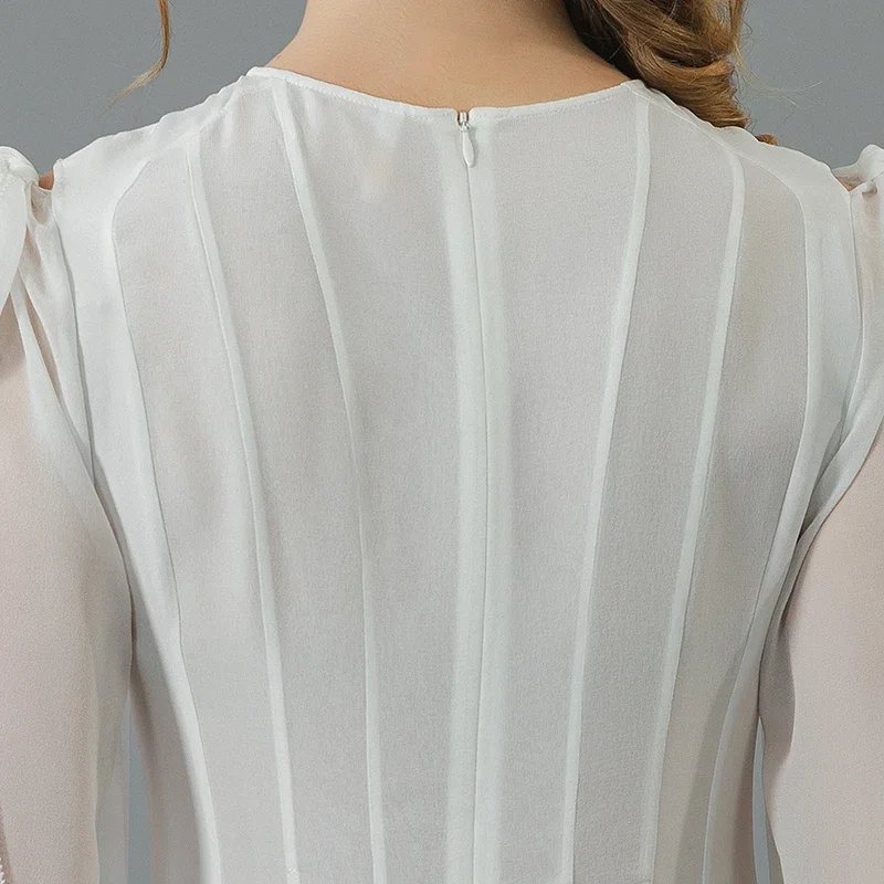 Voa smoothie branco dupla camada georgette seda amoreira renda solta-folha em torno do pescoço cintura plissado simples vestido de seda verão ae1623