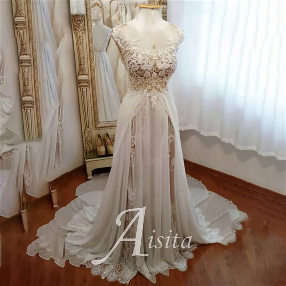 Boho A-line Bride Dresses Scoop Neck Lace Cap Sleeves With Double Slit Suknie ślubne dla kobiet Suknia ślubna Vestidos De Novia