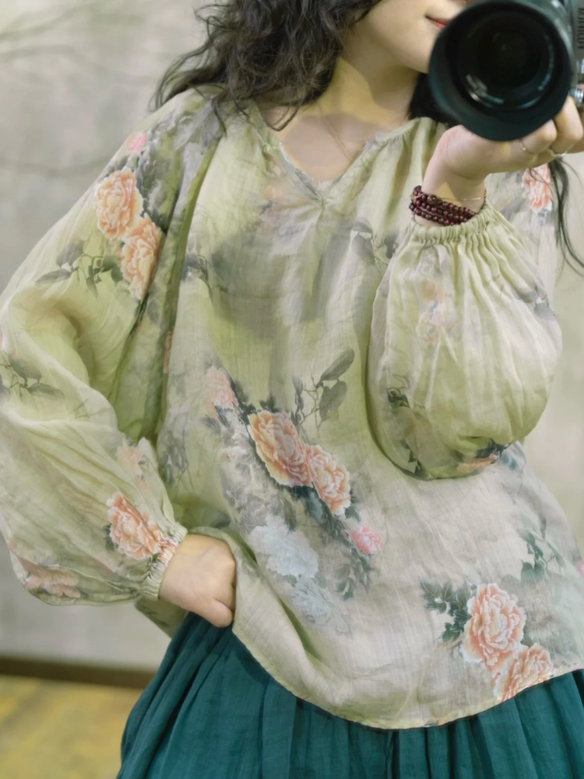 Sommer Neue 2025, Leinen Druck Künstlerische Tear Fre V-ne irt Set Süße Sle Lange Sve Lose Fit Polyester Faser