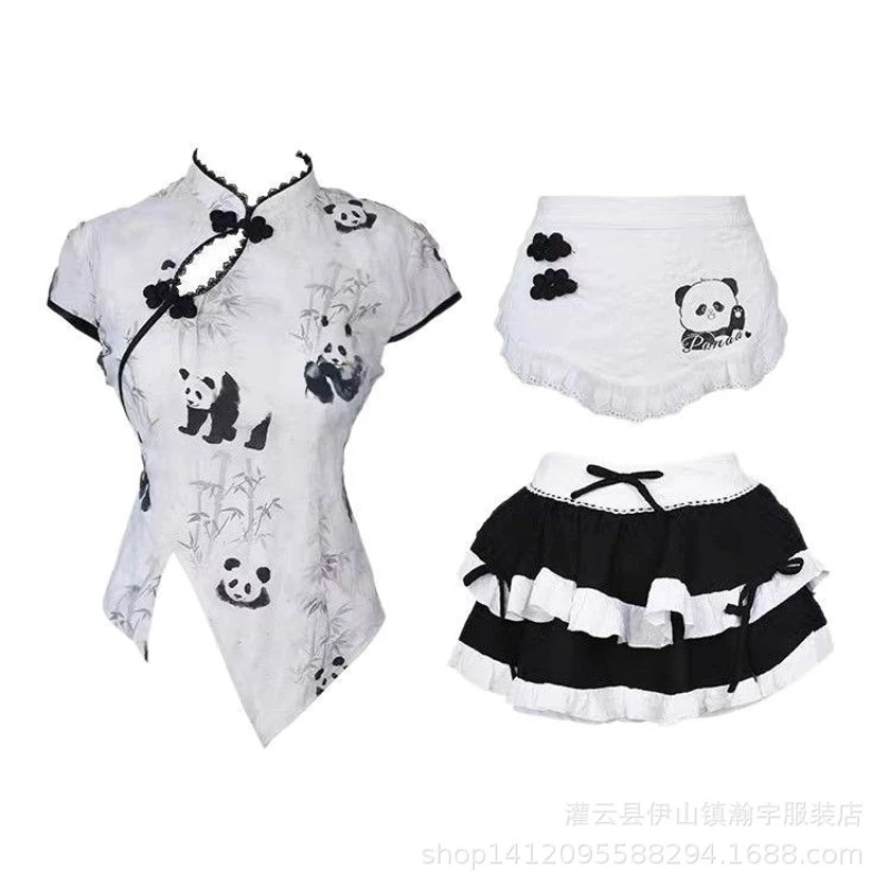 

Cute Girl New Chinese Style Panda Print Top High Waist Thin Fluffy Cake Skirt Maid Apron Set Cw64448